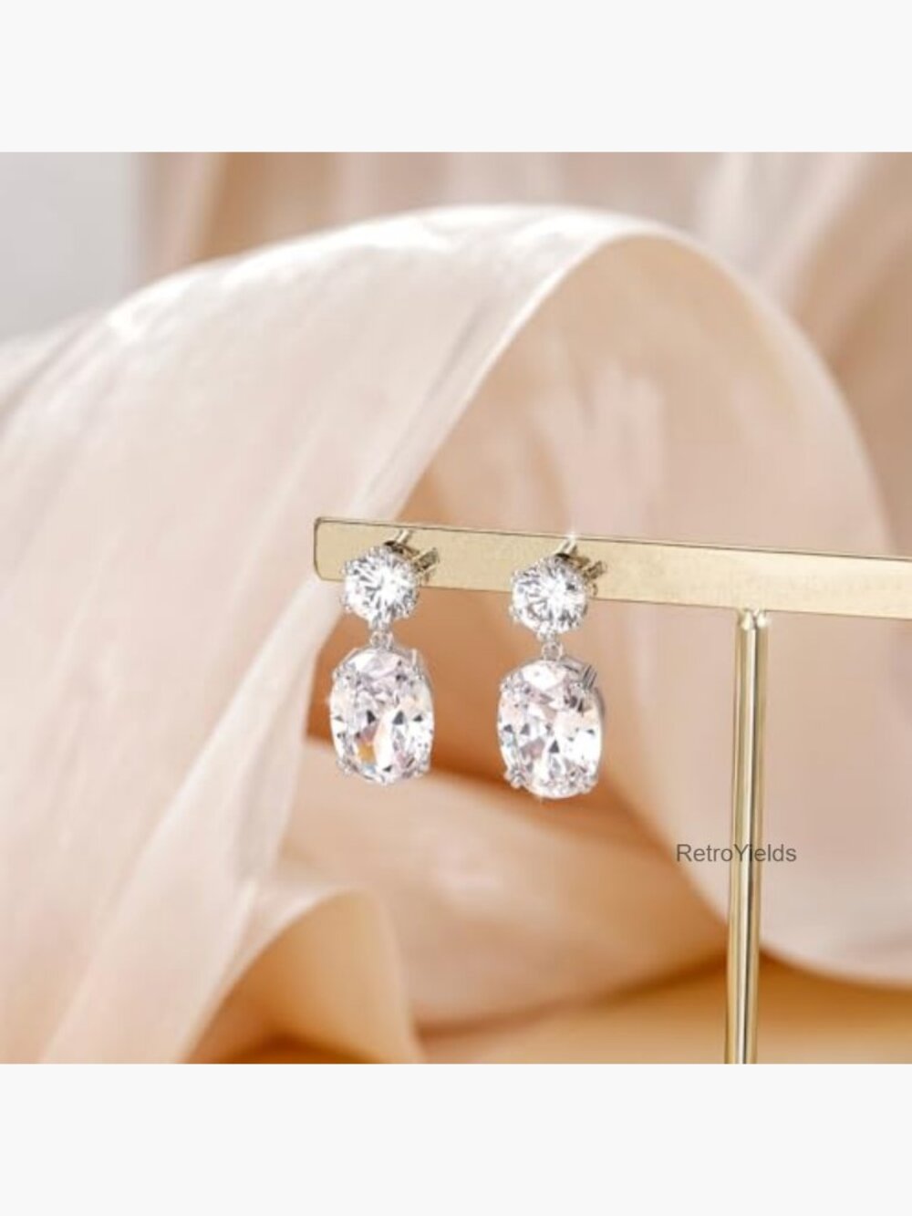 Cubic Zirconia Dangle Drop Oval Silver Post Bridal Prom Earrings - Picture 4 of 7